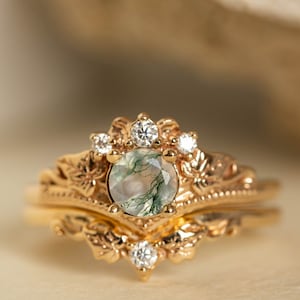 Ivy Leaf Green Moss Agate Ring Set, Leafy Elvish Engagement Ring & Matching Leaves Wedding Band with Diamond, 2pcs Bridal set 14K / 18k Gold image 2