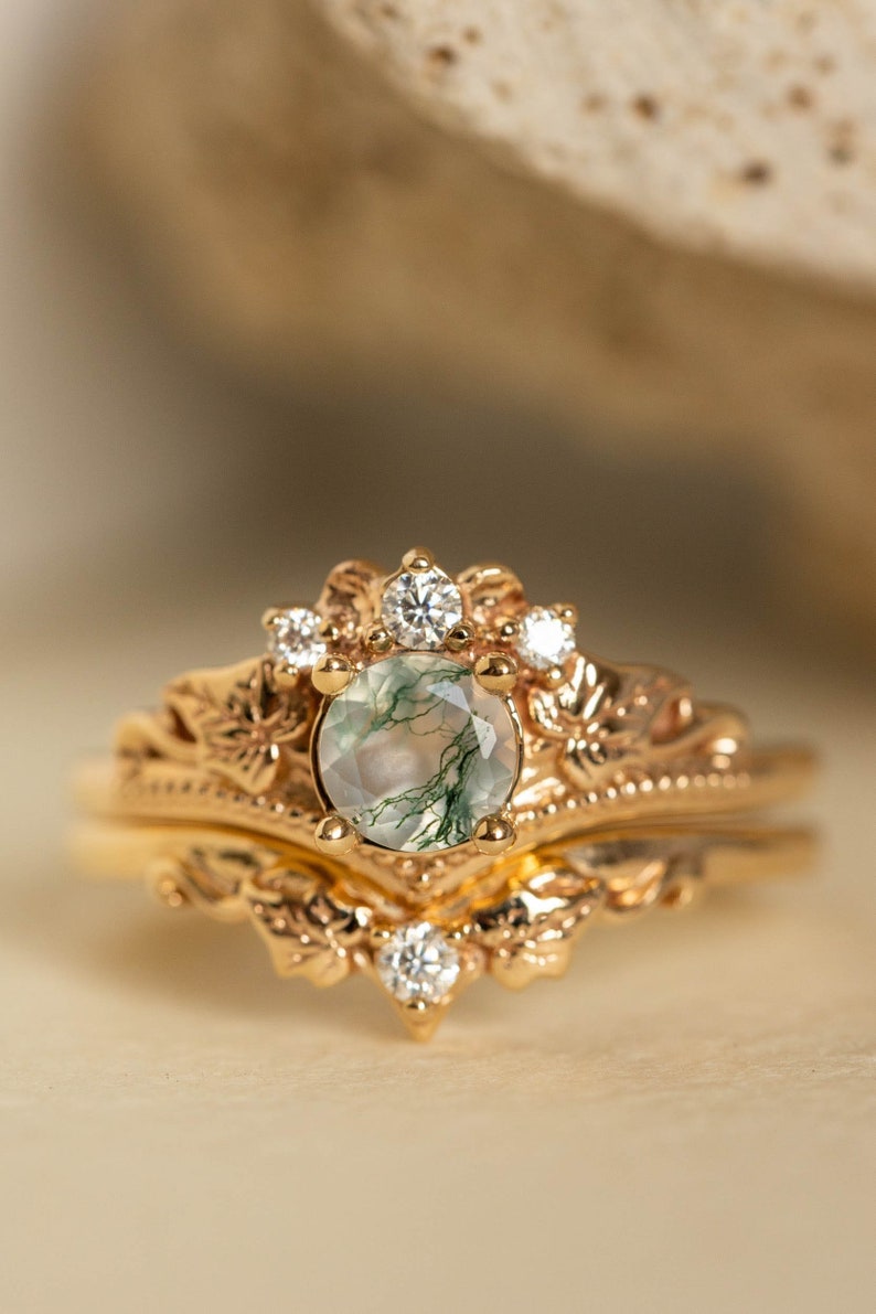 Ivy Leaf Green Moss Agate Ring Set, Leafy Elvish Engagement Ring & Matching Leaves Wedding Band with Diamond, 2pcs Bridal set 14K / 18k Gold image 2