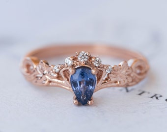 Irish Engagement Ring with Sapphire and Diamonds, Art Nouveau style Blue Sapphire Ring, Elven forest Nature inspired Ring for Women