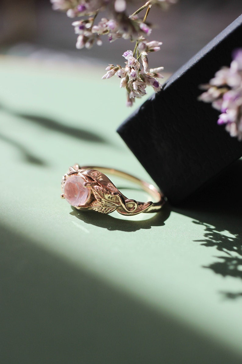 Rose quartz engagement ring, solid gold ring, leaves ring, ring for woman, unique ring, rose gold wedding band, romantic ring, nature ring image 4