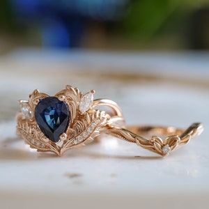 Royal Blue Sapphire Engagement Ring, 1.4 Ct Genuine Sapphire Ring, Nature Inspired Diamond Ring, Sapphire and Diamond Gold Ring for Her image 7