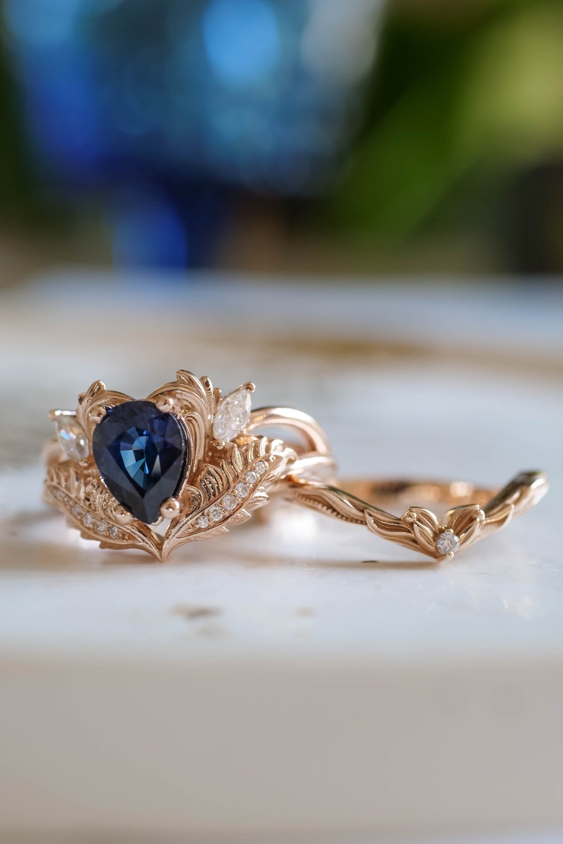 Royal Blue Sapphire Engagement Ring, 1.4 Ct Genuine Sapphire Ring, Nature Inspired Diamond Ring, Sapphire and Diamond Gold Ring for Her image 7