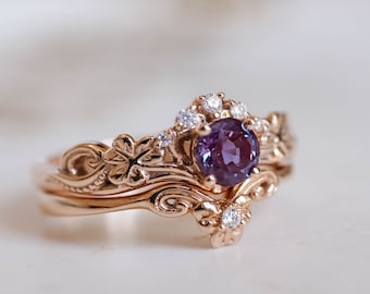 Fantasy Rings - Purple Lab Alexandrite Engagement Ring Set inspired by nature with Chevron Tiny Diamond Wedding band, 14K or 18K Solid gold