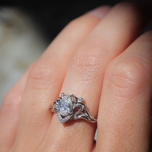 Teardrop White Sapphire Vintage inspired Engagement Ring, Elvish Engagement ring with Pear shaped White sapphire in 14K or 18K Solid Gold image 9