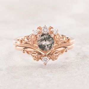 Round cut Moss Agate Ivy Ring Set for Alternative Engagement, Moss Agate Ring and Matching Ornate Gold Leaves Wedding Band with Diamonds