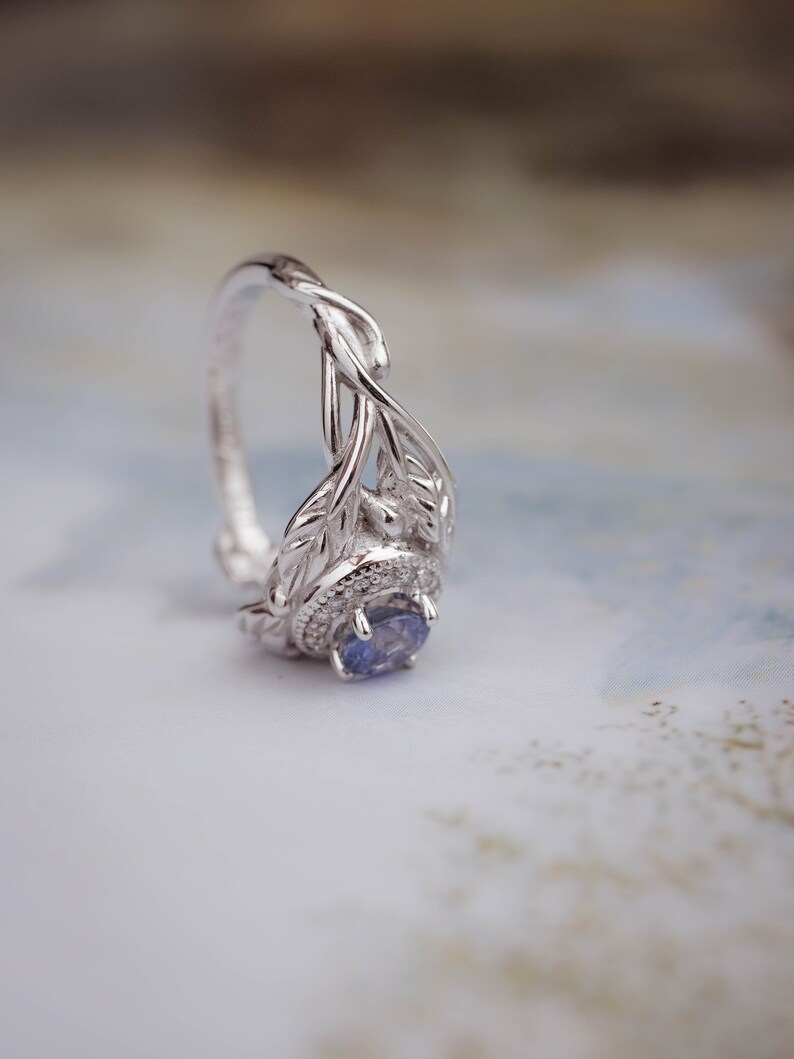 Sapphire Engagement Ring with Diamond Halo, White Gold Leaf Ring, Nature Inspired Ring, Leaf engagement ring, Light Blue Sapphire Ring image 8