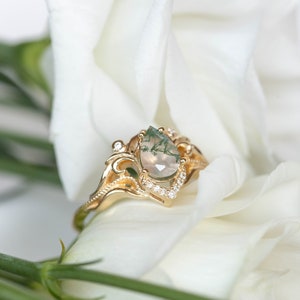 Elvish Engagement Ring Moss Agate Ring with Real Diamonds or Moissanites, Vintage inspired engagement 14k or 18K Gold, Fantasy Engagement image 5