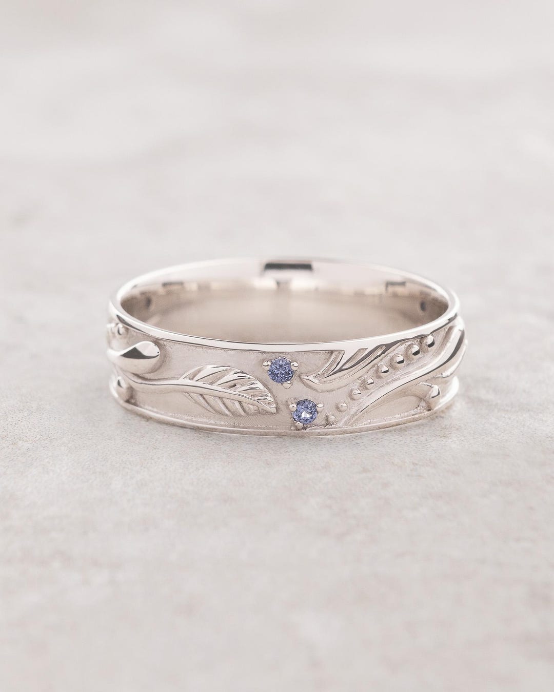 Nature Inspired Wide Wedding Band With Sapphires Elven Forest Engraved nature-inspired-wide-wedding-band-with-sapphires-elven-forest-engraved