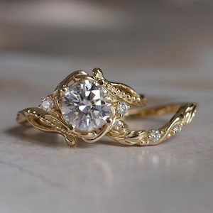 Unique Engagement Ring Set, Moissanite Bridal Ring Set In Yellow Gold, Stacking Wedding Rings, Nature Engagement Ring, Elvish Ring Set