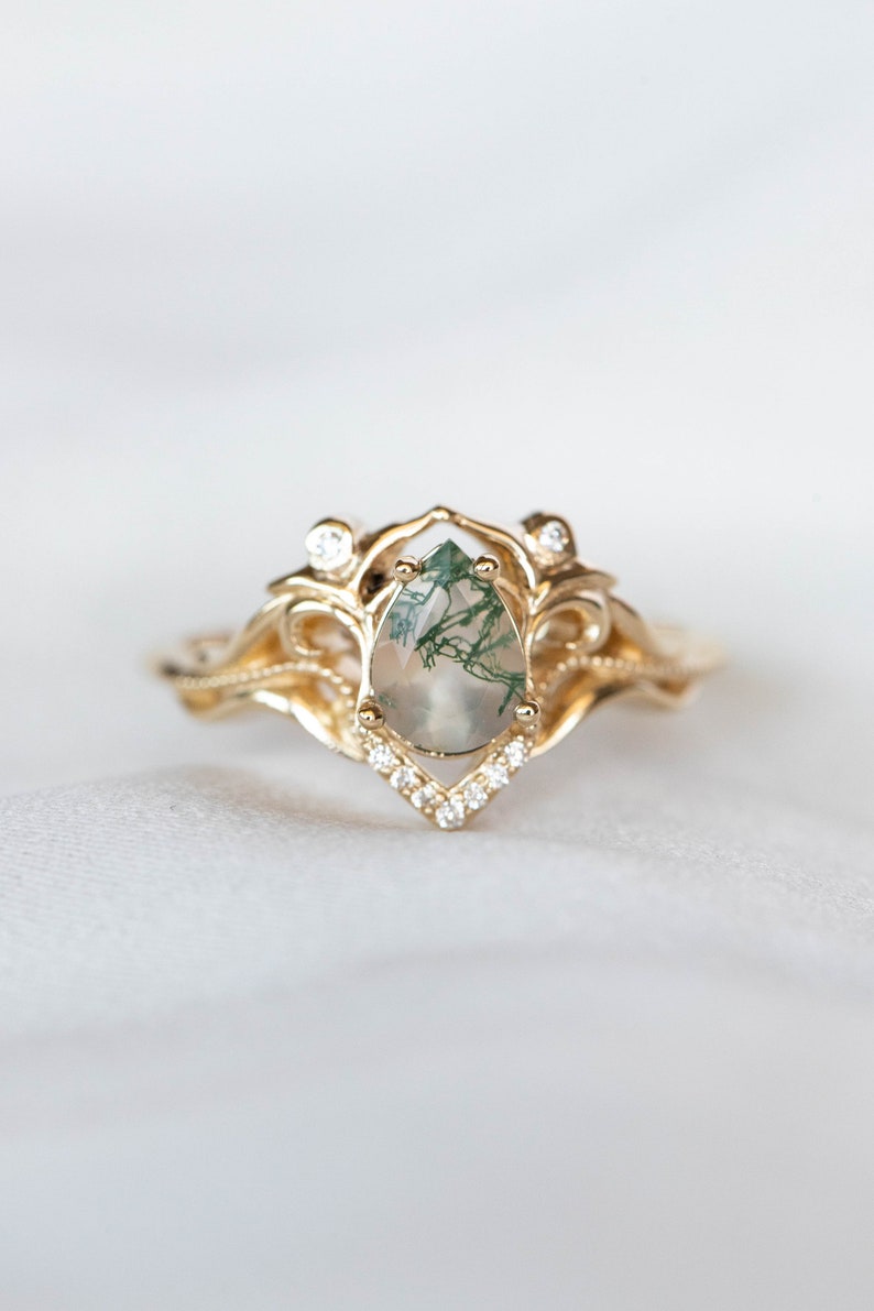 Elvish Engagement Ring Moss Agate Ring with Real Diamonds or Moissanites, Vintage inspired engagement 14k or 18K Gold, Fantasy Engagement image 3