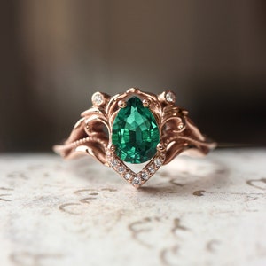 Lab emerald and moissanite ring, unique engagement ring, pear cut ring, leaves ring, emerald engagement, art nouveau ring, ring for woman image 2