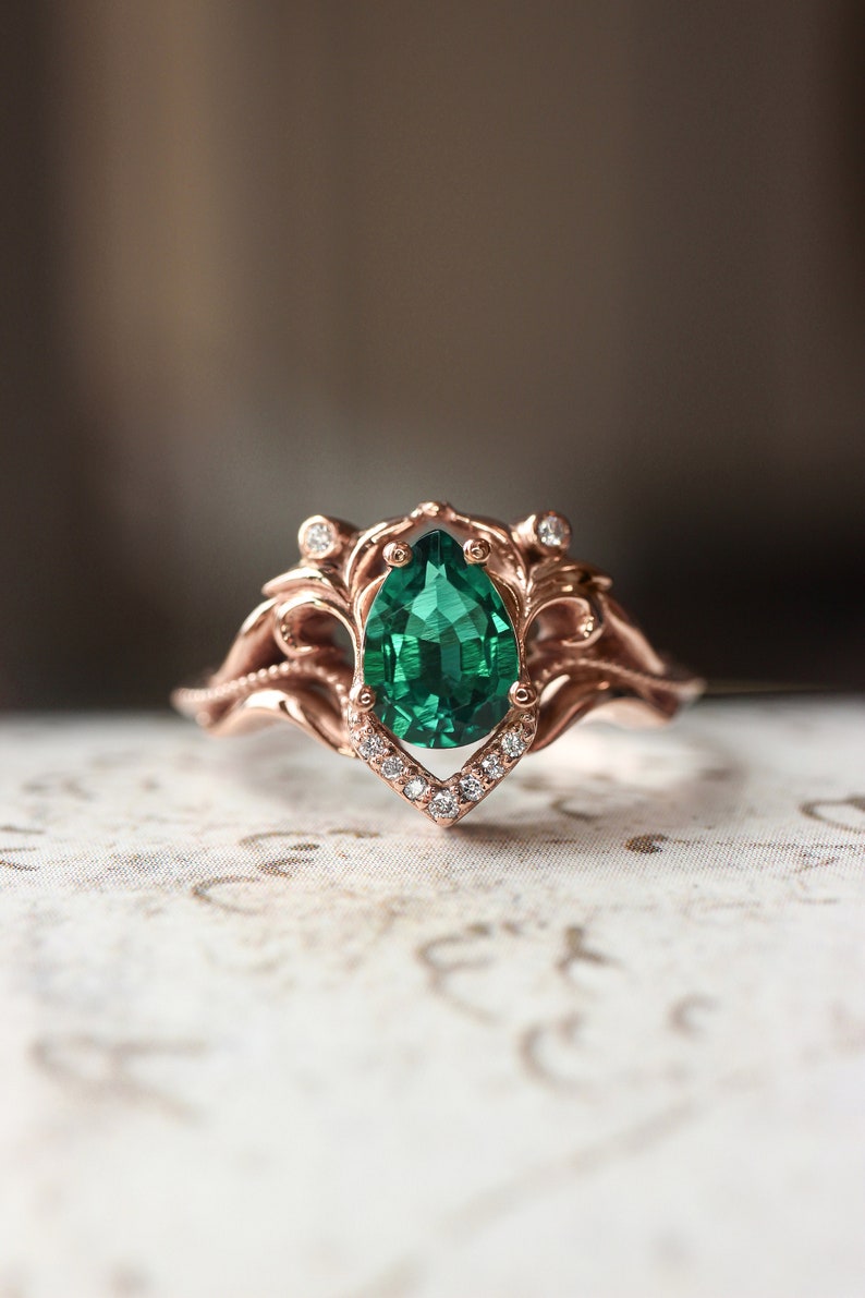 Lab emerald and moissanite ring, unique engagement ring, pear cut ring, leaves ring, emerald engagement, art nouveau ring, ring for woman image 2