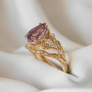 Large Amethyst Engagement Ring with Marquise Diamonds Leaves, Nature inspired Ring for Bride, Unusual Lavender Amethyst Ring 14k or 18k Gold image 9