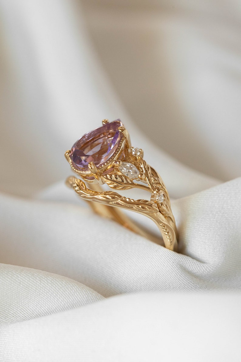 Large Amethyst Engagement Ring with Marquise Diamonds Leaves, Nature inspired Ring for Bride, Unusual Lavender Amethyst Ring 14k or 18k Gold image 9