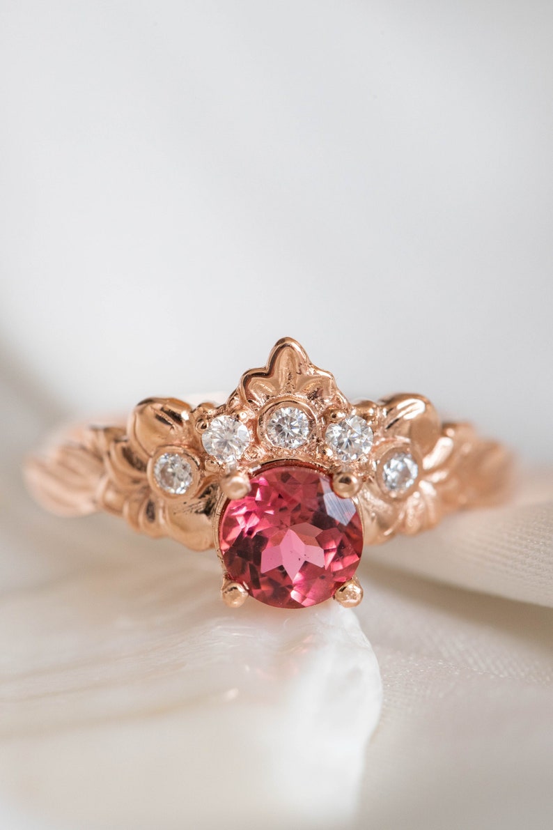 Pink Tourmaline Engagement Ring, Nature inspired Diamond Crown ring, 14k or 18k Rose Gold Nature Ring for Ethical Engagement image 1
