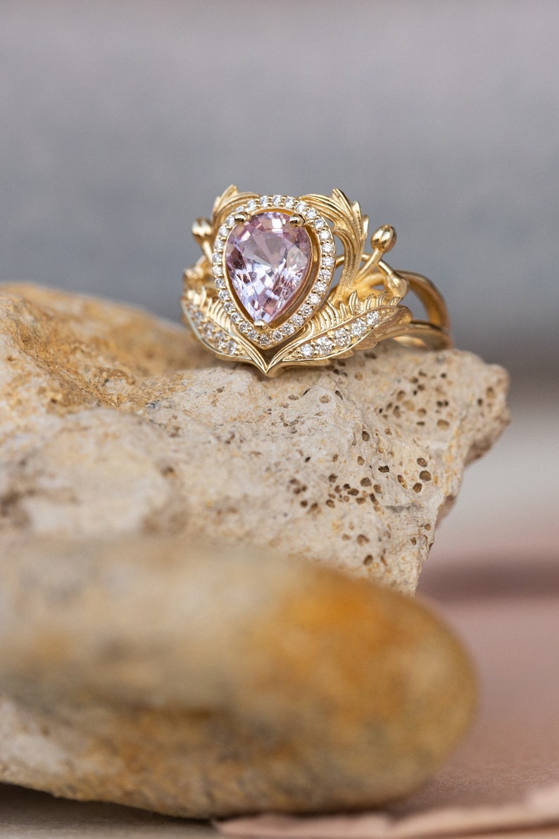 Genuine Pink Sapphire Engagement ring with Diamond Halo, Nature Inspired Ring, Gold Leaves Ring, Fantasy Engagement Ring, 14K 18K Gold image 7