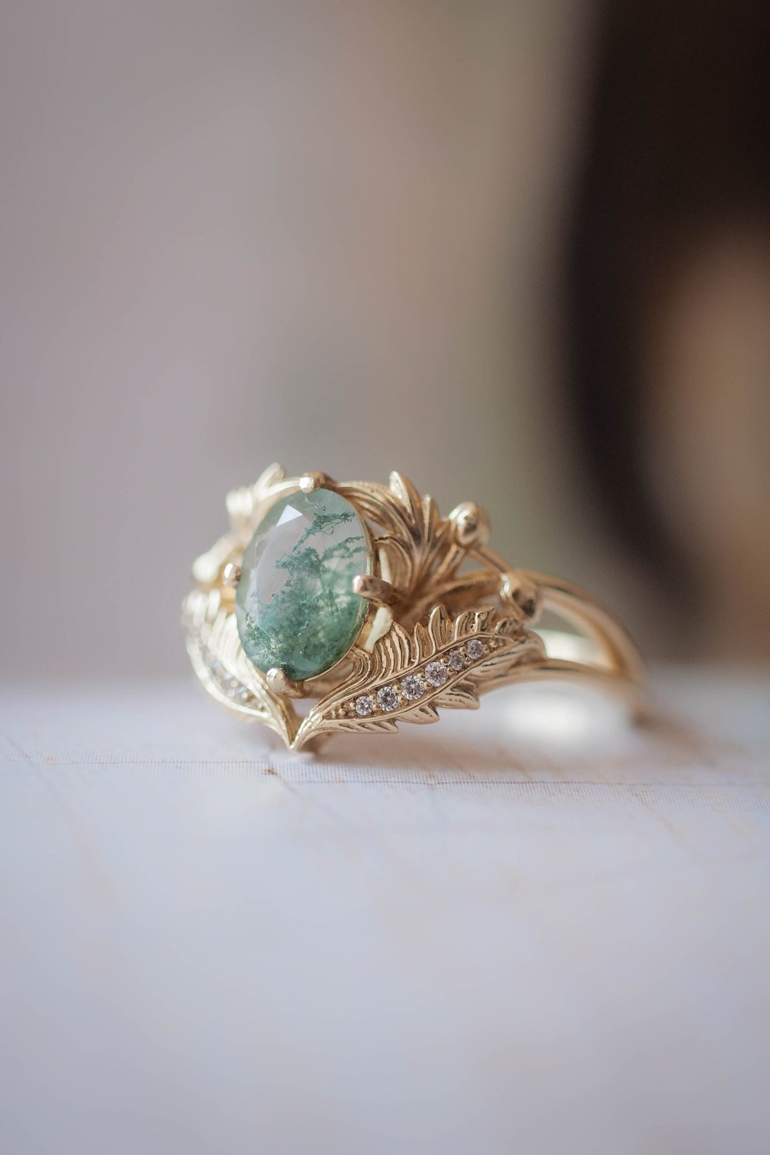 Moss Agate Engagement Ring Nature Inspired Ring Leaves Ring - Etsy