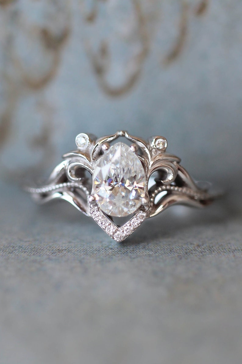 Teardrop White Sapphire Vintage inspired Engagement Ring, Elvish Engagement ring with Pear shaped White sapphire in 14K or 18K Solid Gold image 8