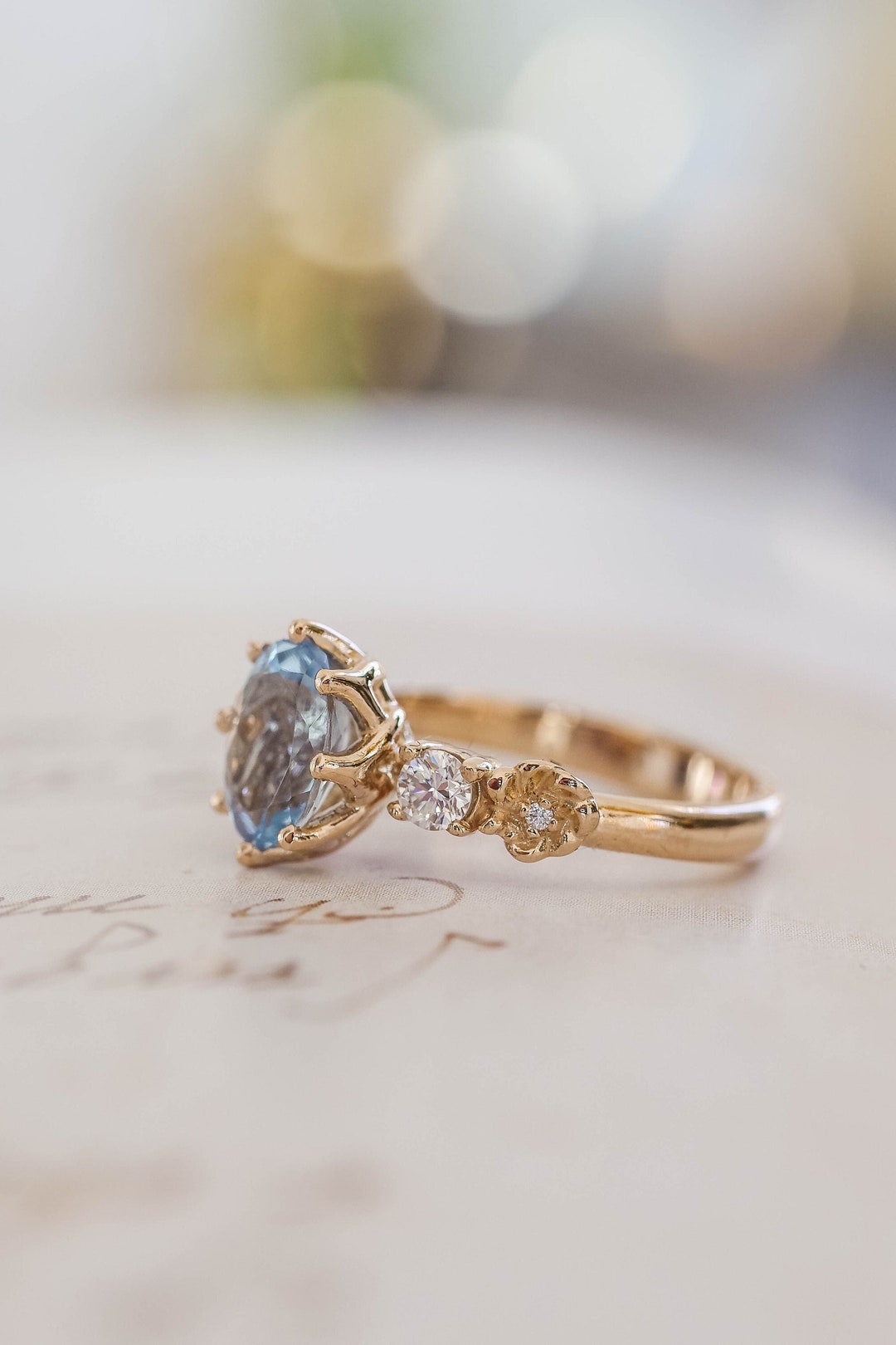Dreamy Aquamarine Flower Engagement Ring, Elvish Unique Proposal Ring ...