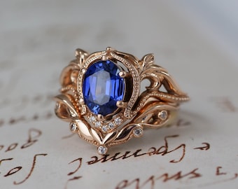 Lab sapphire ring, sapphire engagement ring, ethical engagement ring, stacking rings, fantasy ring, botanical engagement ring, elvish ring