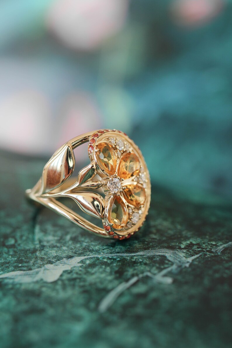 Orange Fruit Ring Solid Gold Ring With Diamonds Sapphire and Etsy