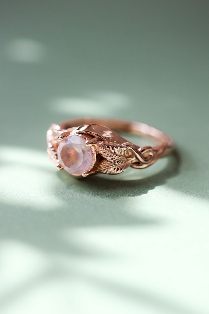 Rose quartz engagement ring, solid gold ring, leaves ring, ring for woman, unique ring, rose gold wedding band, romantic ring, nature ring image 1