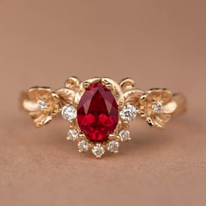 READY TO SHIP, Size 6-8 Us, Lab Ruby & Diamonds Engagement Ring Set, Gold Flower Bridal Ring Set, Nature Inspired Rings, Ring for Woman image 6