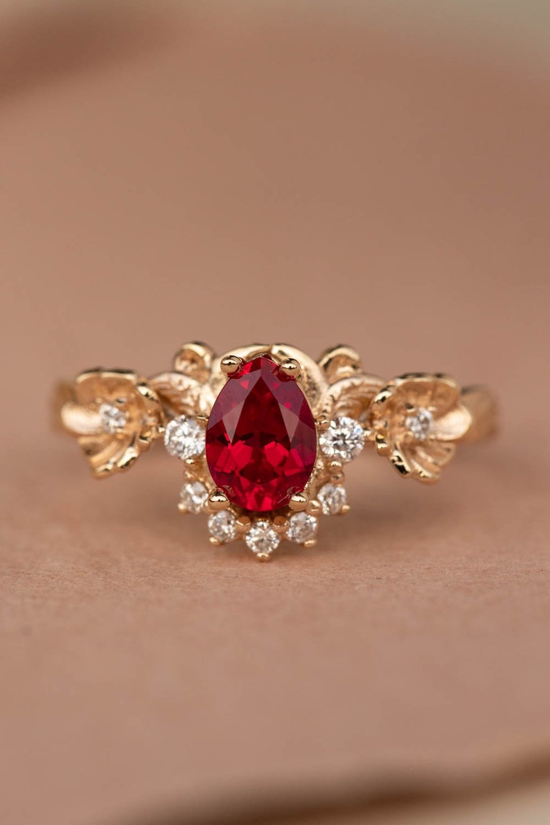 READY TO SHIP, Size 6-8 Us, Lab Ruby & Diamonds Engagement Ring Set, Gold Flower Bridal Ring Set, Nature Inspired Rings, Ring for Woman image 6