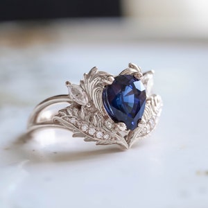 Royal Blue Sapphire Engagement Ring, 1.4 Ct Genuine Sapphire Ring, Nature Inspired Diamond Ring, Sapphire and Diamond Gold Ring for Her image 1