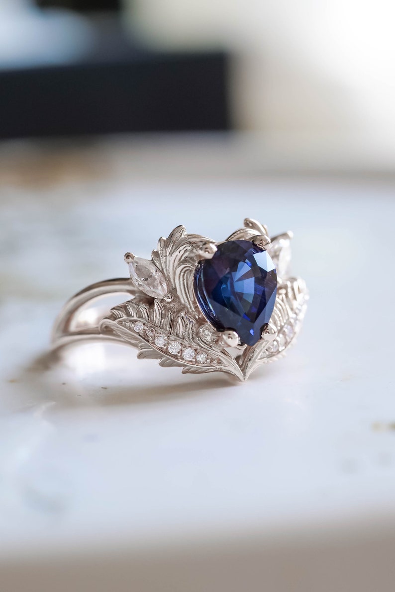 Royal Blue Sapphire Engagement Ring, 1.4 Ct Genuine Sapphire Ring, Nature Inspired Diamond Ring, Sapphire and Diamond Gold Ring for Her image 1