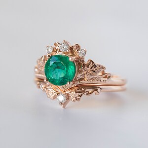 1 Carat Emerald Bridal Ring Set, Rose gold Ivy Leaves and Diamonds Engagement, Emerald Rings in 14K or 18K Gold, Fairy Bride Gold Rings image 8