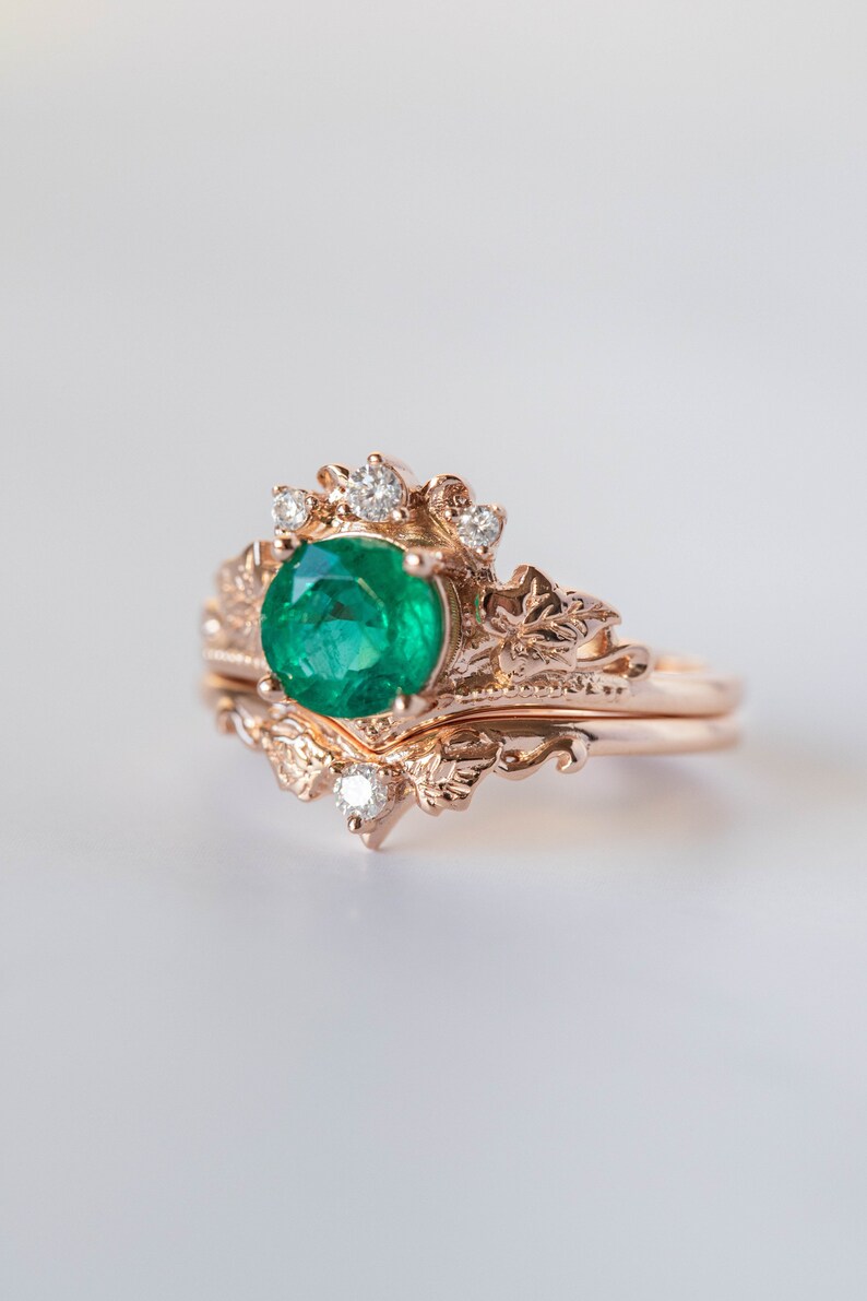 1 Carat Emerald Bridal Ring Set, Rose gold Ivy Leaves and Diamonds Engagement, Emerald Rings in 14K or 18K Gold, Fairy Bride Gold Rings image 8