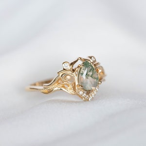 Elvish Engagement Ring Moss Agate Ring with Real Diamonds or Moissanites, Vintage inspired engagement 14k or 18K Gold, Fantasy Engagement image 2