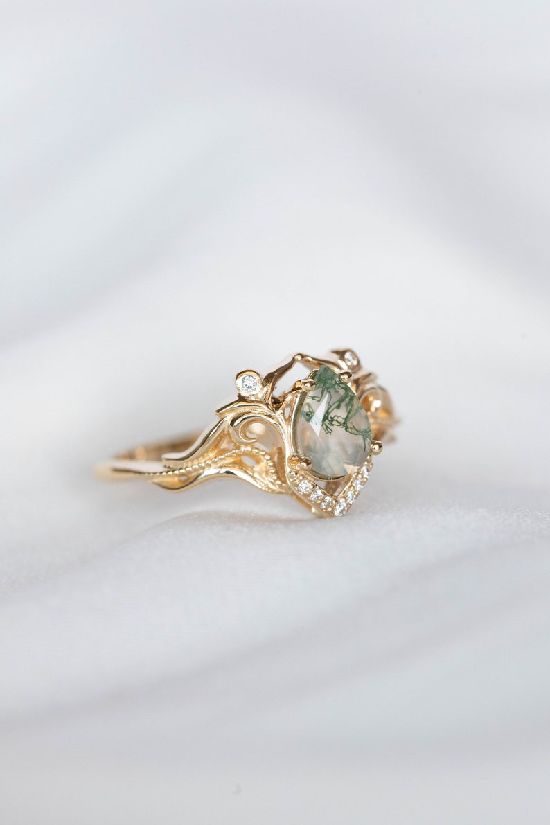 Elvish Engagement Ring Moss Agate Ring with Real Diamonds or Moissanites, Vintage inspired engagement 14k or 18K Gold, Fantasy Engagement image 2