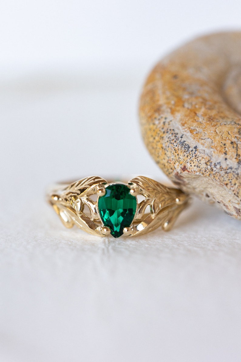 Emerald engagement ring, 14K yellow gold leaves ring, leaf ring for woman, unique engagement ring, synthetic emerald ring, teardrop ring image 8