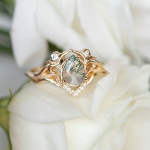 Elvish Engagement Ring Moss Agate Ring with Real Diamonds or Moissanites, Vintage inspired engagement 14k or 18K Gold, Fantasy Engagement image 8