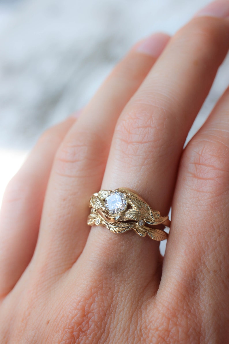 Leaf bridal ring set, engagement ring, moissanite ring, twig wedding band, branch ring, gold leaves ring, stacking rings set imagem 8