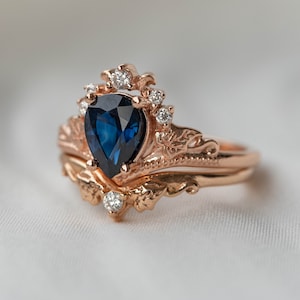 Genuine Dark Blue Sapphire Engagement Ring Set, Rose Gold Stacking Bridal Ring Set with Diamonds, Ivy Leaf Rings, Tiara Diamond Ring Set