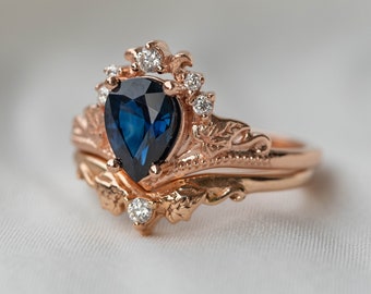 READY TO SHIP, Size 5.5 Us, Dark Blue Sapphire Engagement Ring Set, Rose Gold Bridal Ring Set with Diamonds, Ivy Leaves, Tiara Diamond Rings