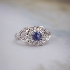 Sapphire Engagement Ring with Diamond Halo, White Gold Leaf Ring, Nature Inspired Ring, Leaf engagement ring, Light Blue Sapphire Ring image 9