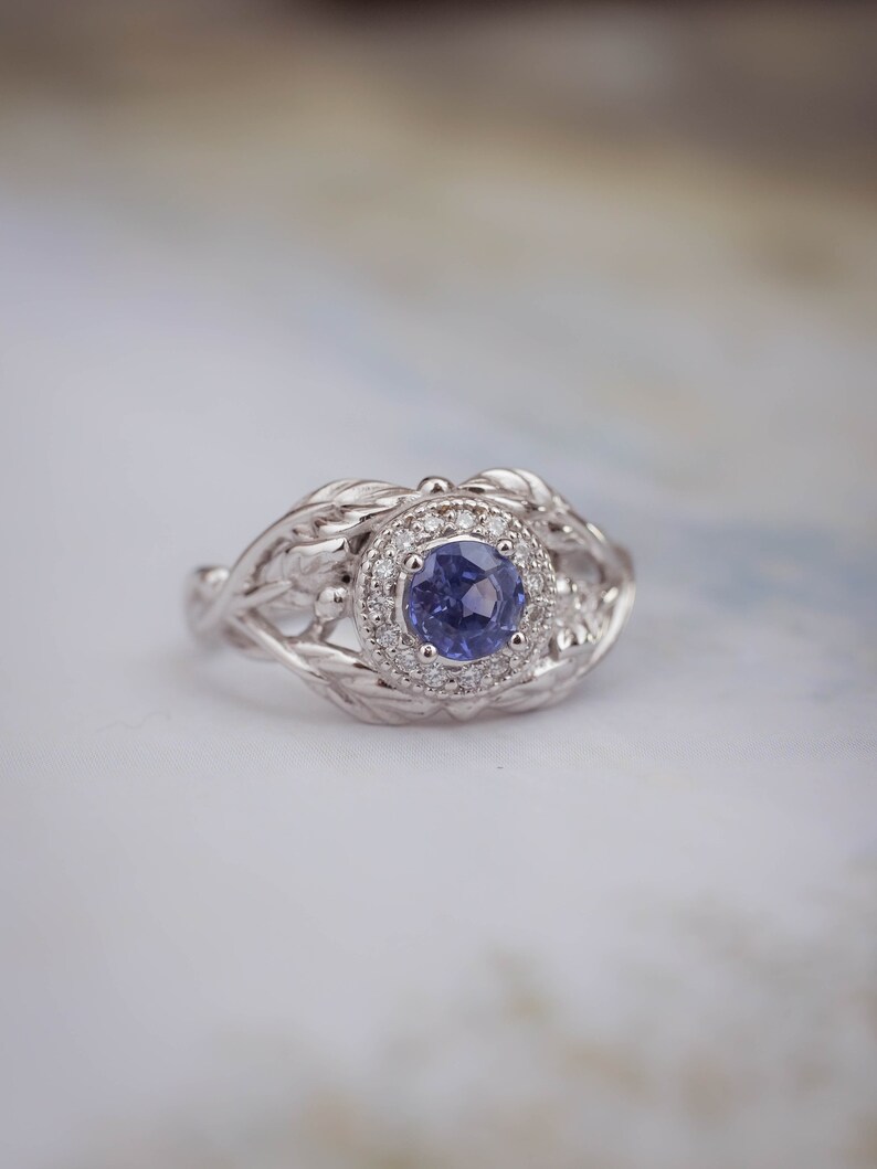 Sapphire Engagement Ring with Diamond Halo, White Gold Leaf Ring, Nature Inspired Ring, Leaf engagement ring, Light Blue Sapphire Ring image 9