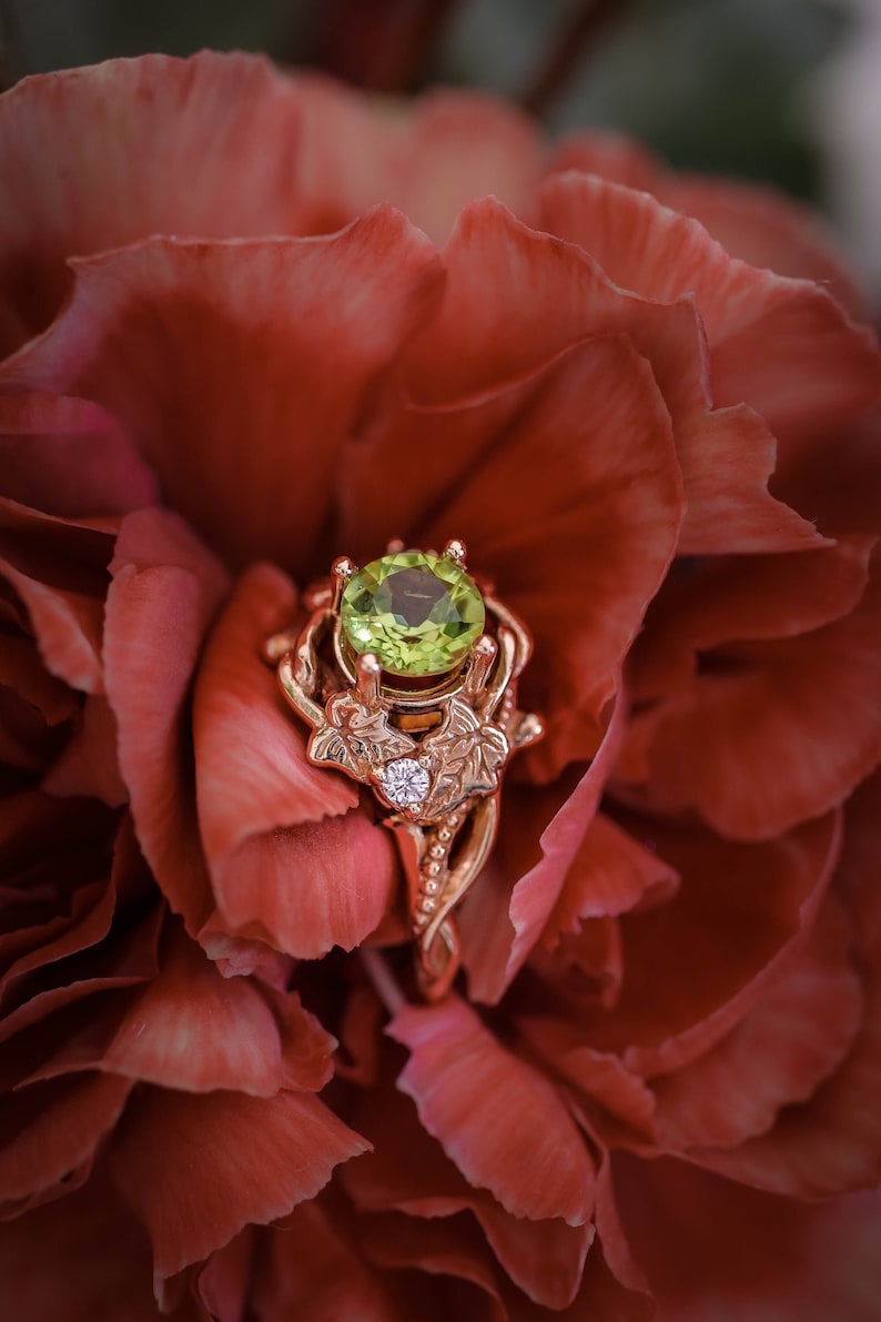 Ivy leaves engagement ring, peridot ring, nature inspired ring, gold leaf ring, elvish ring, peridot diamonds ring, fantasy engagement ring image 1