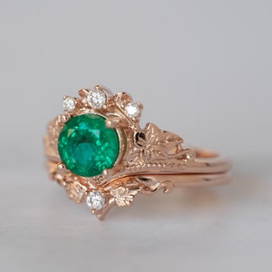 1 Carat Emerald Bridal Ring Set, Rose gold Ivy Leaves and Diamonds Engagement, Emerald Rings in 14K or 18K Gold, Fairy Bride Gold Rings image 7