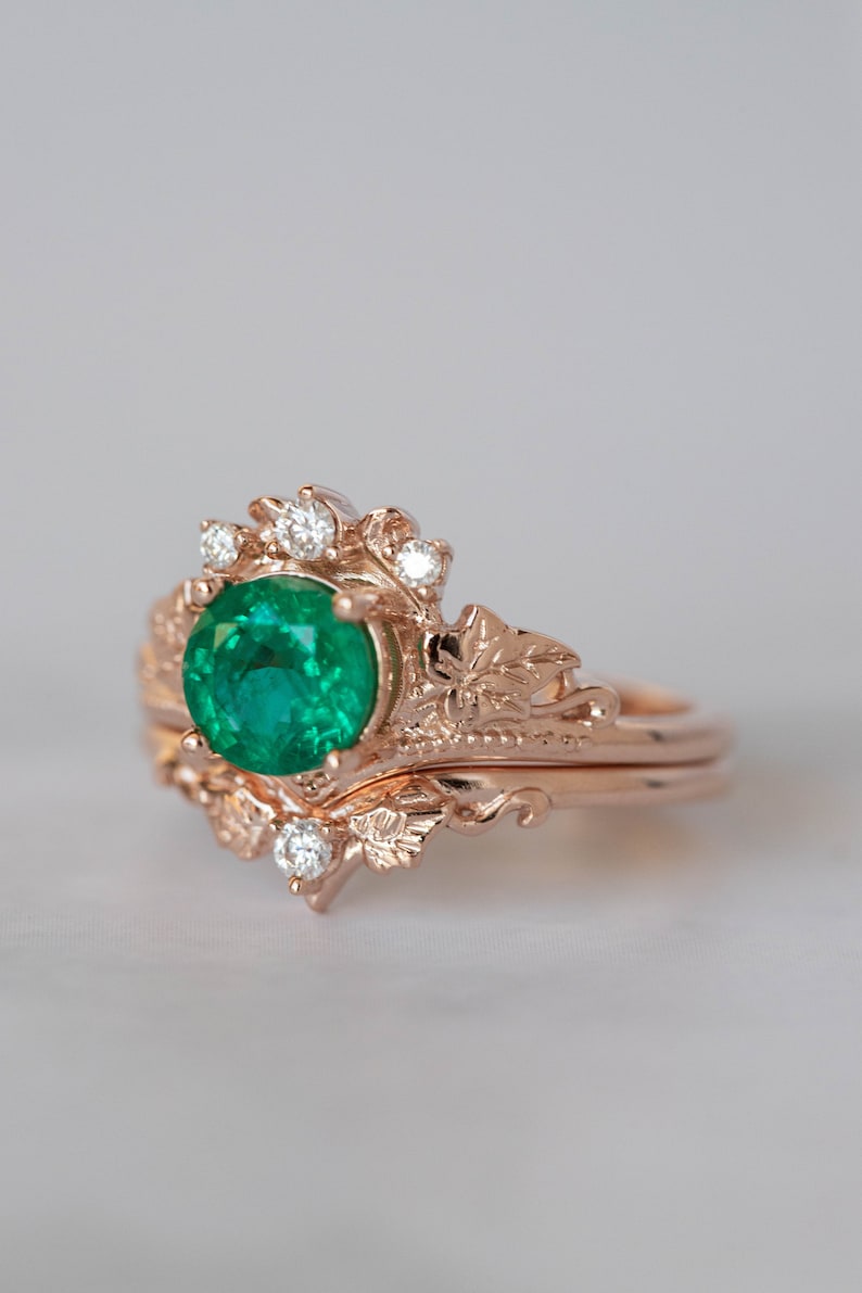 1 Carat Emerald Bridal Ring Set, Rose gold Ivy Leaves and Diamonds Engagement, Emerald Rings in 14K or 18K Gold, Fairy Bride Gold Rings image 7