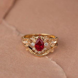 READY TO SHIP, Size 6-8 Us, Lab Ruby & Diamonds Engagement Ring Set, Gold Flower Bridal Ring Set, Nature Inspired Rings, Ring for Woman image 8