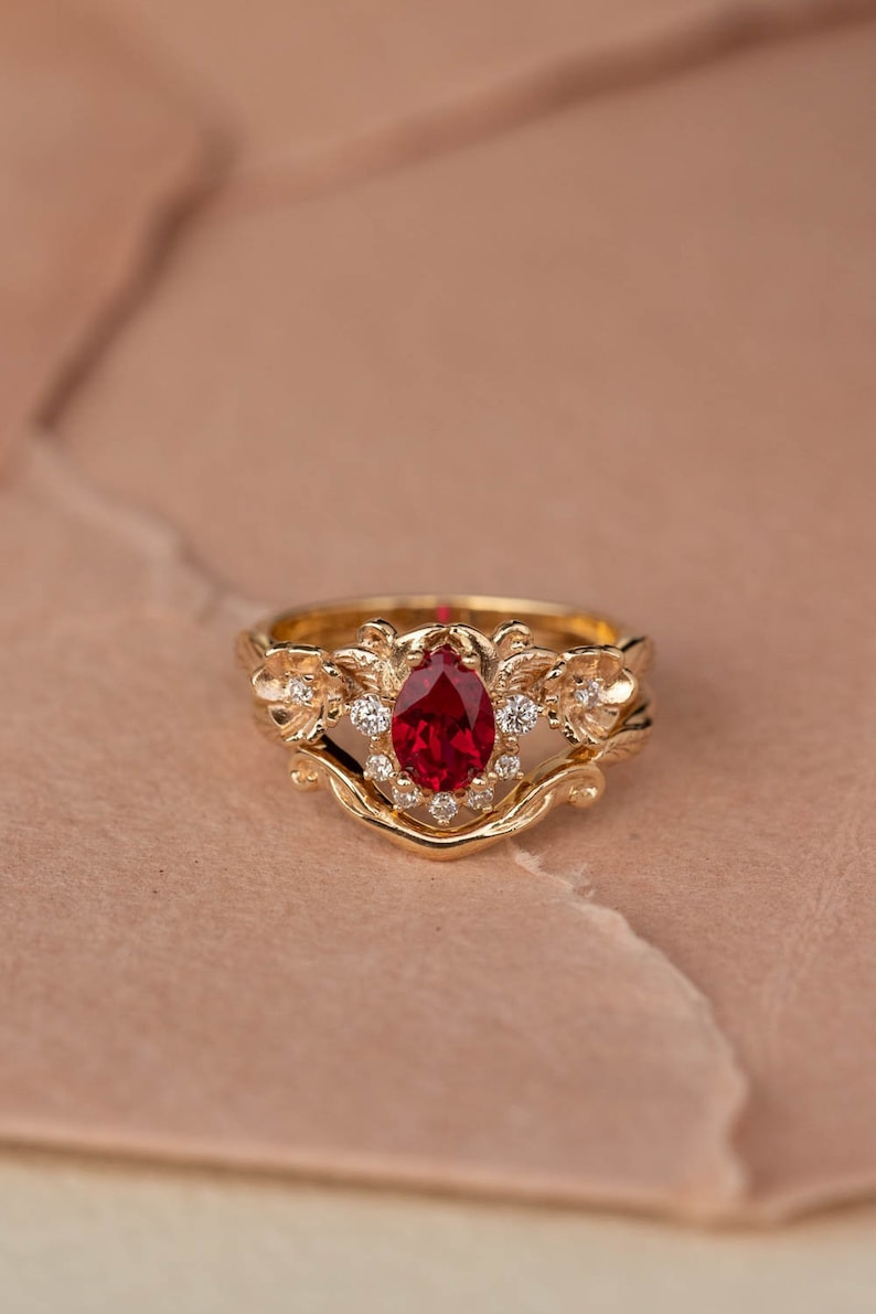 READY TO SHIP, Size 6-8 Us, Lab Ruby & Diamonds Engagement Ring Set, Gold Flower Bridal Ring Set, Nature Inspired Rings, Ring for Woman image 8