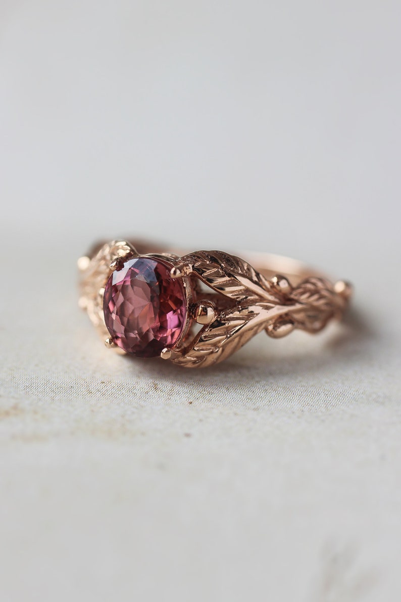 Pink tourmaline engagement ring, rose gold ring, leaves ring, unique ring for woman, branch ring, leaf engagement, twig wedding band image 3