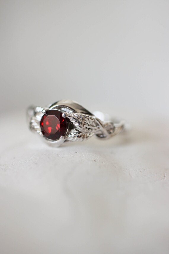 Garnet And Leaves Engagement Ring Unique Engagement Ring Etsy