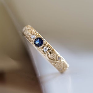 Elven Wedding Band with Leaves and Diamonds Comfort Fit Ring, Ivy Leaf Ring, Genuine Blue Sapphire Ring for Women, 14k or 18k Gold image 2