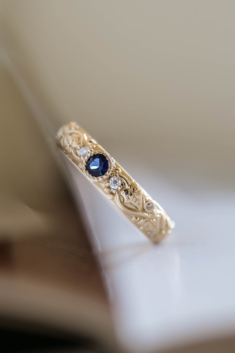 Elven Wedding Band with Leaves and Diamonds Comfort Fit Ring, Ivy Leaf Ring, Genuine Blue Sapphire Ring for Women, 14k or 18k Gold image 2